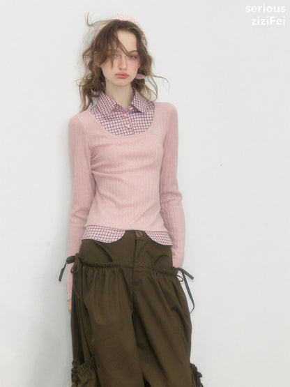 Plaid Fake Two-Piece Doll Collar Pink Knit Top【s0000018921】