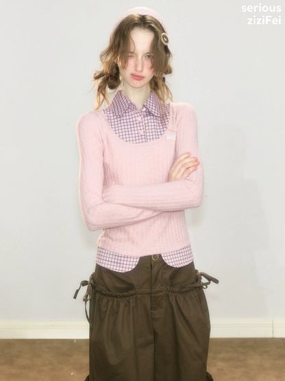 Plaid Fake Two-Piece Doll Collar Pink Knit Top【s0000018921】