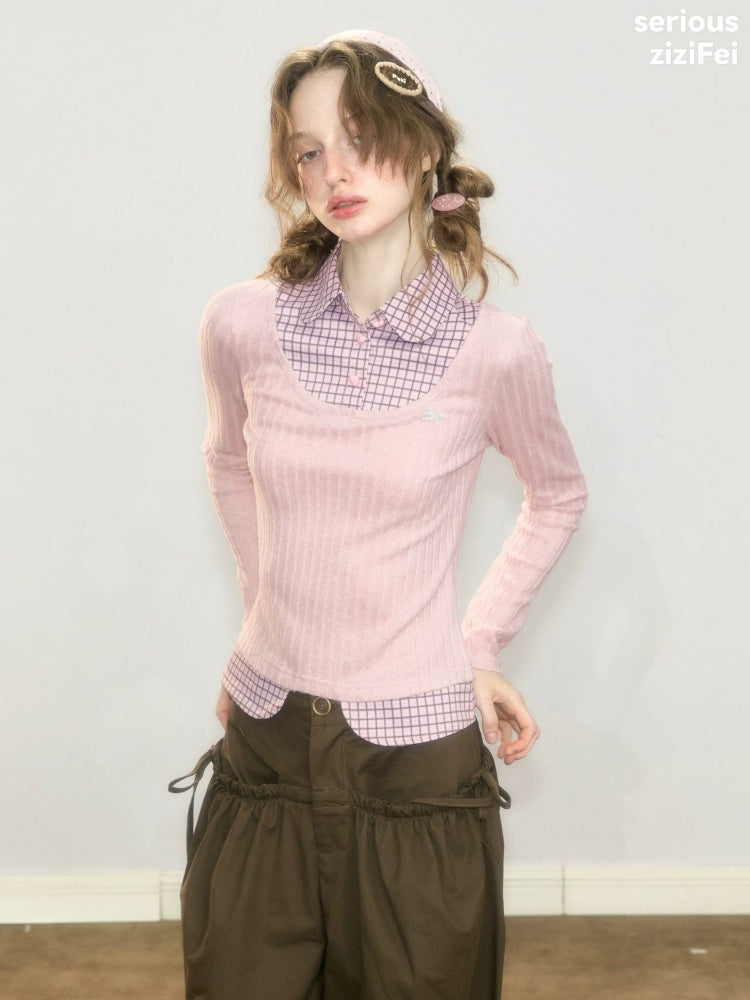 Plaid Fake Two-Piece Doll Collar Pink Knit Top【s0000018921】