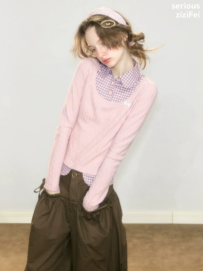 Plaid Fake Two-Piece Doll Collar Pink Knit Top【s0000018921】