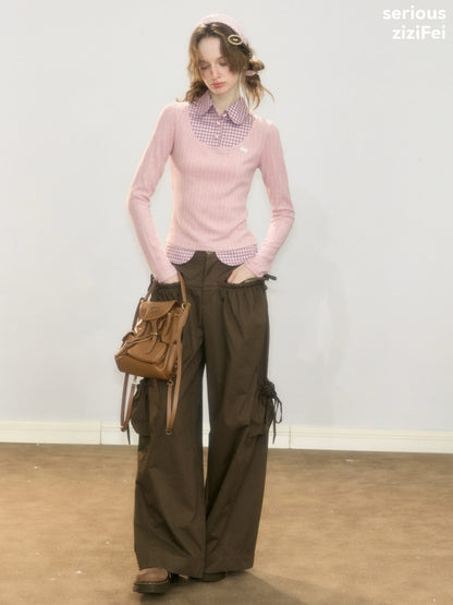 Plaid Fake Two-Piece Doll Collar Pink Knit Top【s0000018921】