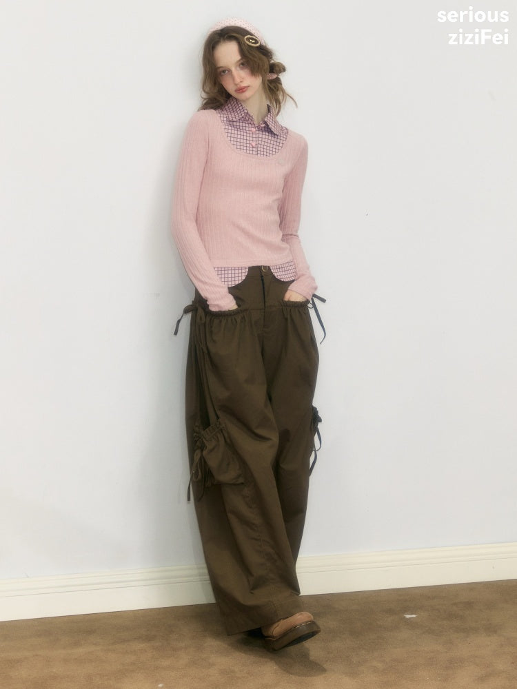 Plaid Fake Two-Piece Doll Collar Pink Knit Top【s0000018921】