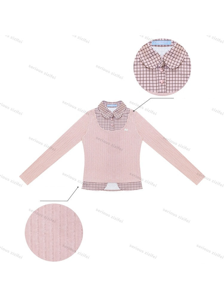 Plaid Fake Two-Piece Doll Collar Pink Knit Top【s0000018921】