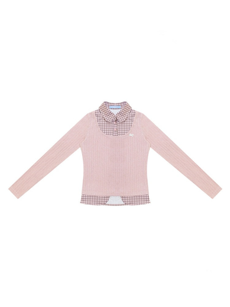 Plaid Fake Two-Piece Doll Collar Pink Knit Top【s0000018921】