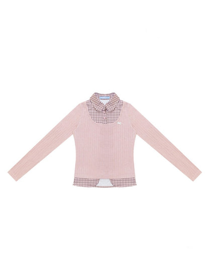 Plaid Fake Two-Piece Doll Collar Pink Knit Top【s0000018921】