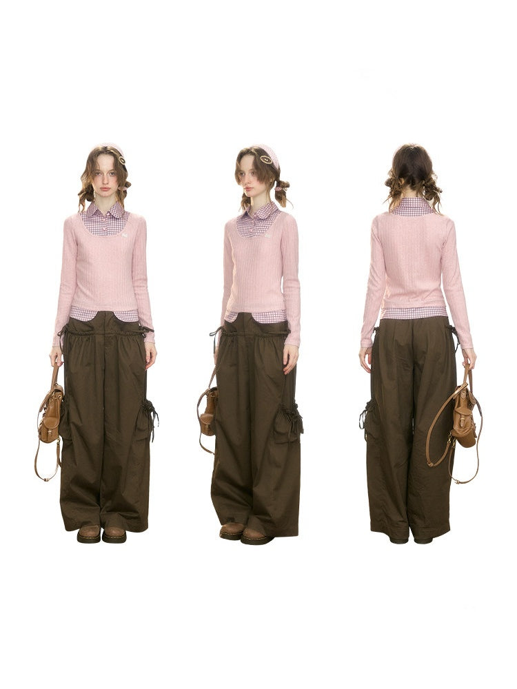 Plaid Fake Two-Piece Doll Collar Pink Knit Top【s0000018921】