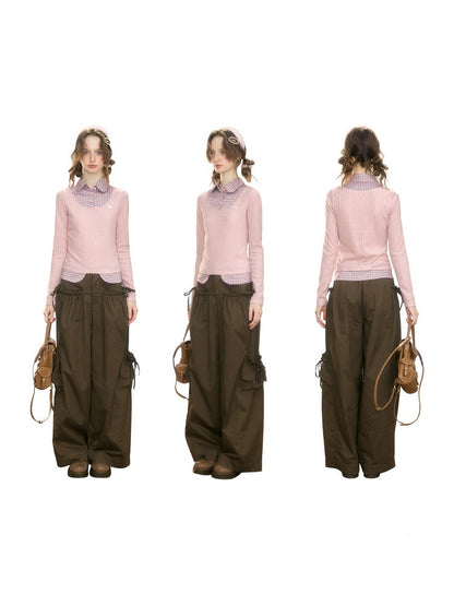 Plaid Fake Two-Piece Doll Collar Pink Knit Top【s0000018921】