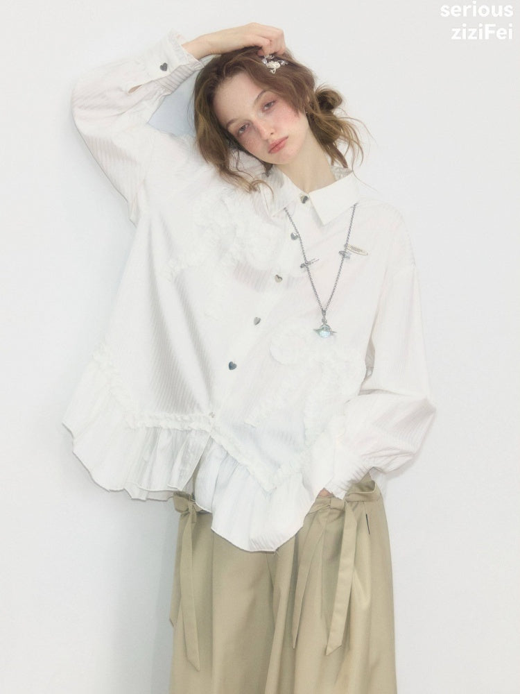 Lace Hem Bow Slimming White Shirts【s0000018922】