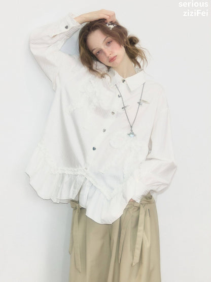 Lace Hem Bow Slimming White Shirts【s0000018922】
