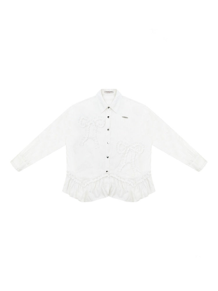 Lace Hem Bow Slimming White Shirts【s0000018922】