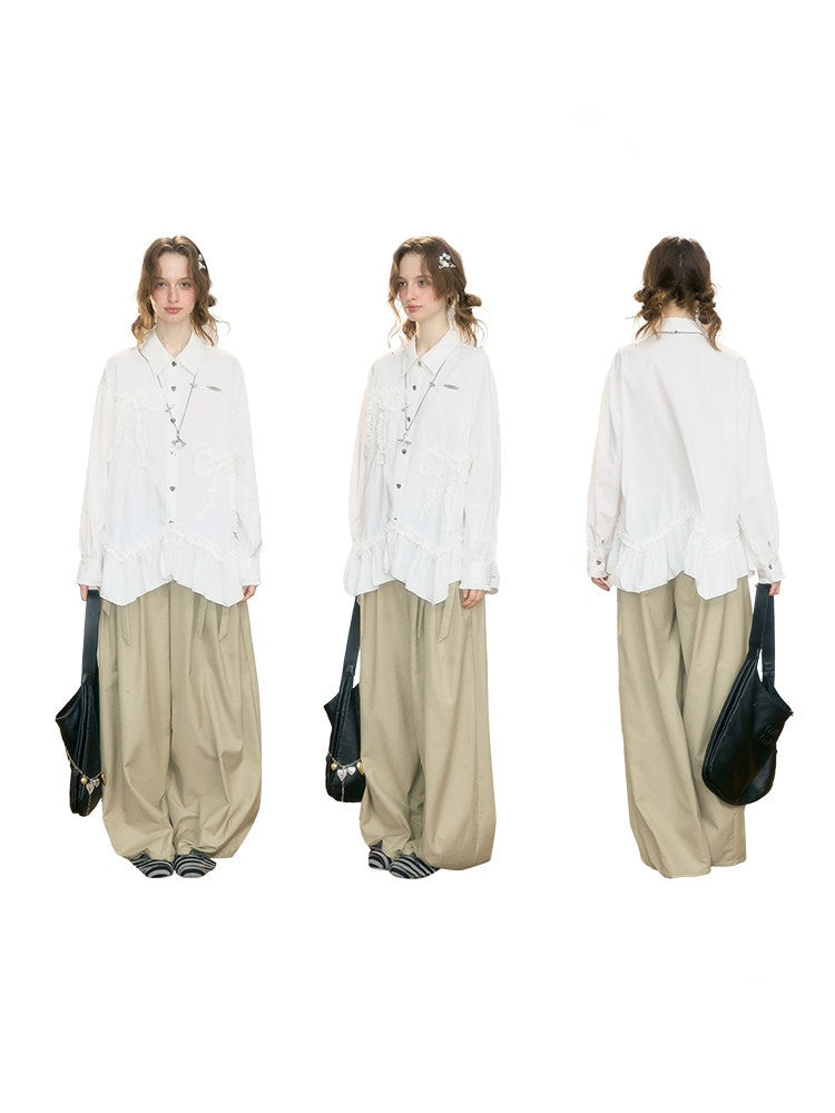 Lace Hem Bow Slimming White Shirts【s0000018922】