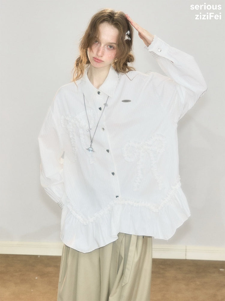 Lace Hem Bow Slimming White Shirts【s0000018922】
