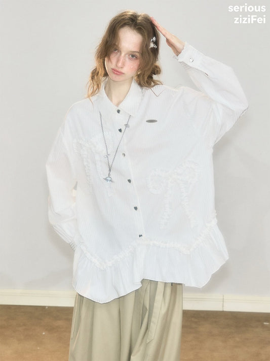 Lace Hem Bow Slimming White Shirts【s0000018922】