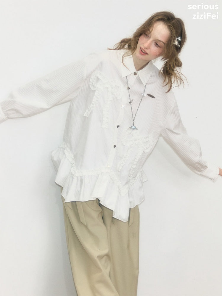 Lace Hem Bow Slimming White Shirts【s0000018922】