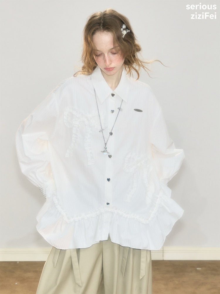 Lace Hem Bow Slimming White Shirts【s0000018922】