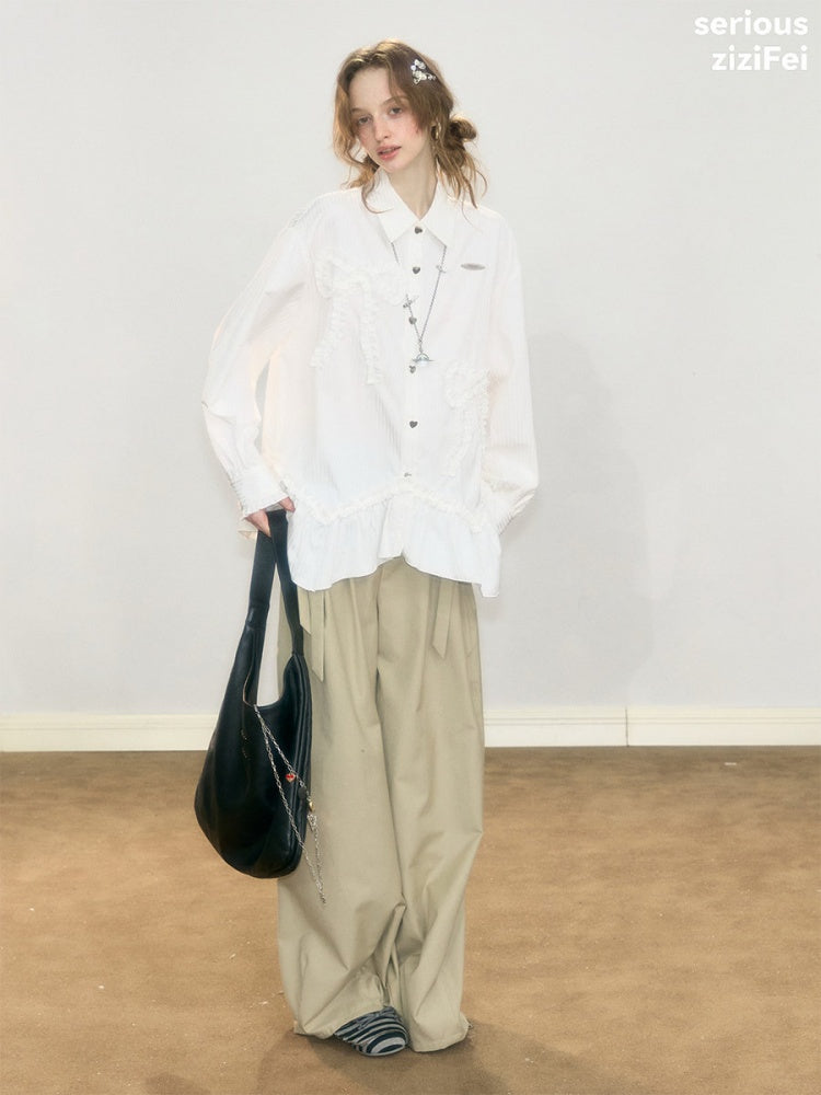 Lace Hem Bow Slimming White Shirts【s0000018922】