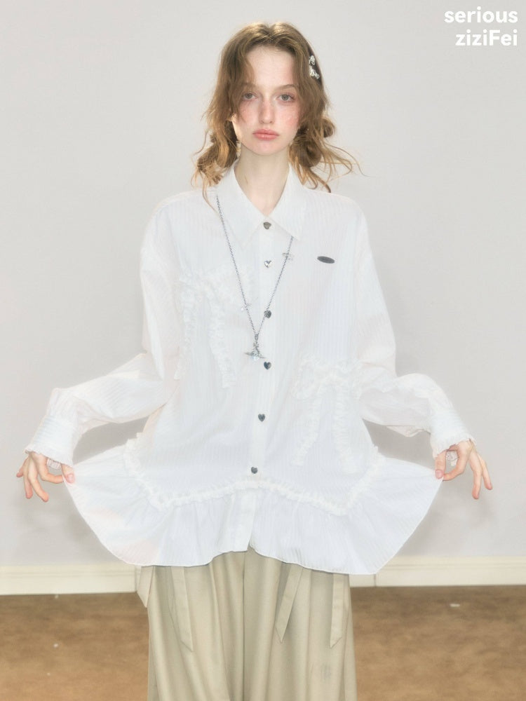 Lace Hem Bow Slimming White Shirts【s0000018922】