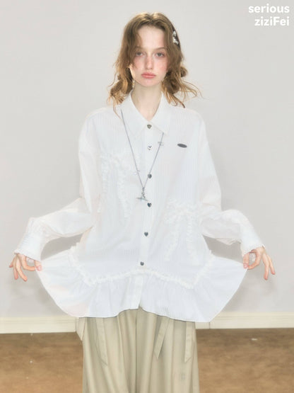 Lace Hem Bow Slimming White Shirts【s0000018922】