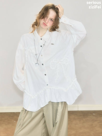 Lace Hem Bow Slimming White Shirts【s0000018922】