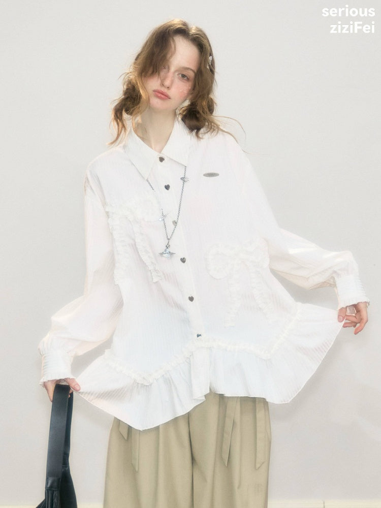 Lace Hem Bow Slimming White Shirts【s0000018922】
