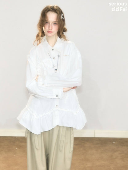 Lace Hem Bow Slimming White Shirts【s0000018922】