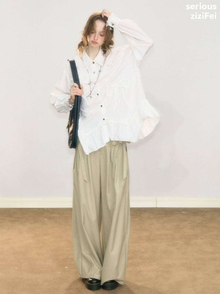 Lace Hem Bow Slimming White Shirts【s0000018922】