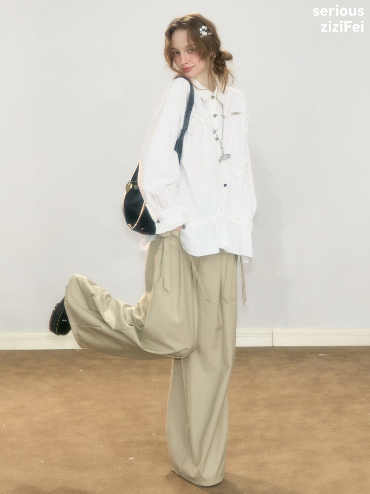 Lace Hem Bow Slimming White Shirts【s0000018922】