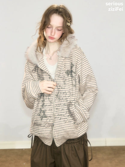 Fur Collar Hooded Striped Graffiti Zipper Khaki Sweatshirt【s0000018923】