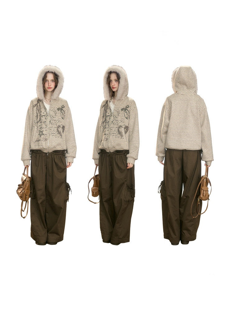 Fur Collar Hooded Striped Graffiti Zipper Khaki Sweatshirt【s0000018923】
