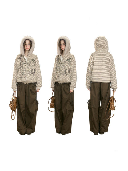Fur Collar Hooded Striped Graffiti Zipper Khaki Sweatshirt【s0000018923】