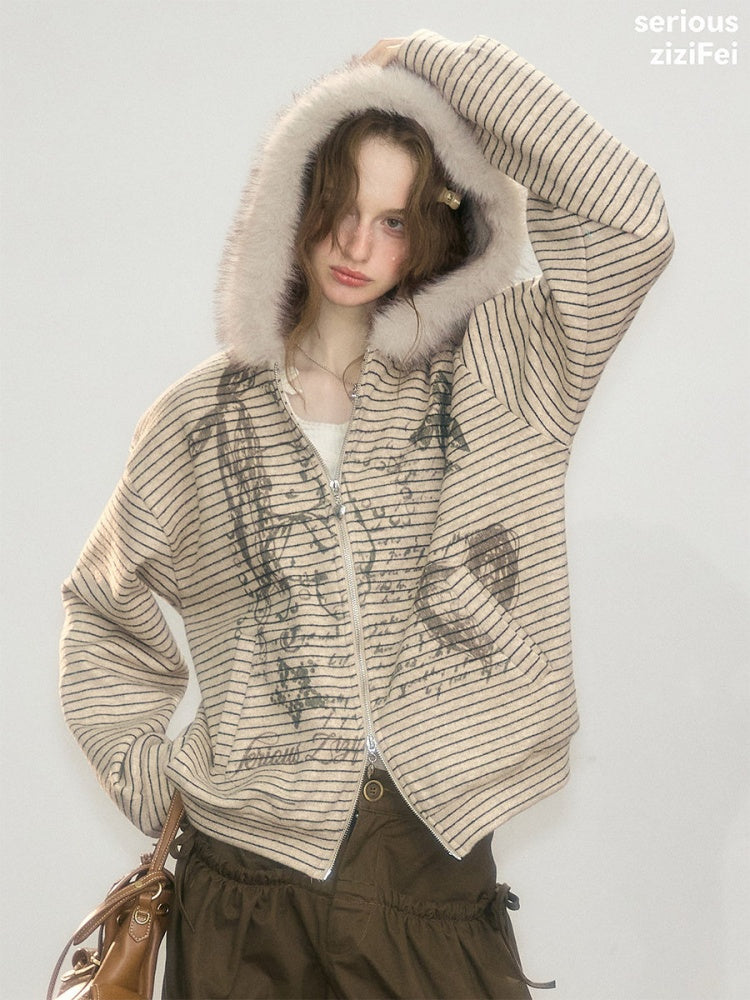 Fur Collar Hooded Striped Graffiti Zipper Khaki Sweatshirt【s0000018923】