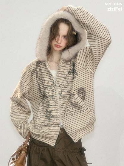Fur Collar Hooded Striped Graffiti Zipper Khaki Sweatshirt【s0000018923】