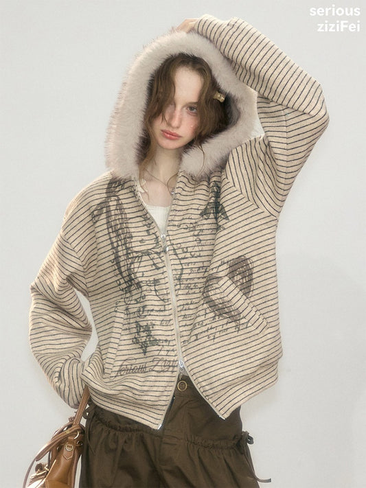 Fur Collar Hooded Striped Graffiti Zipper Khaki Sweatshirt【s0000018923】