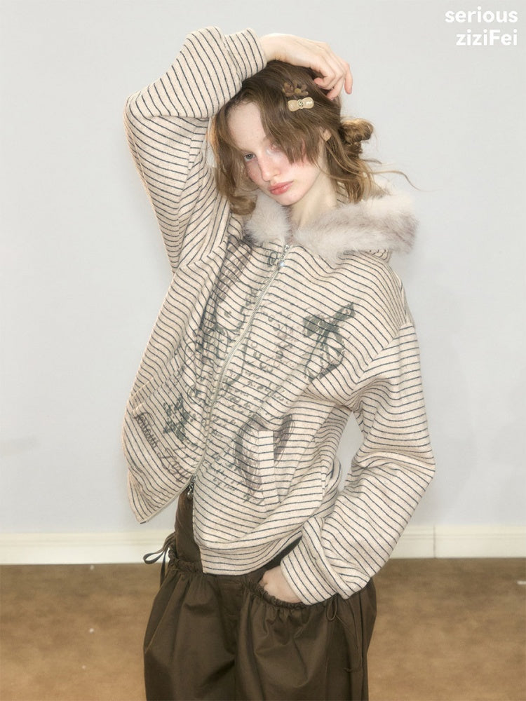 Fur Collar Hooded Striped Graffiti Zipper Khaki Sweatshirt【s0000018923】