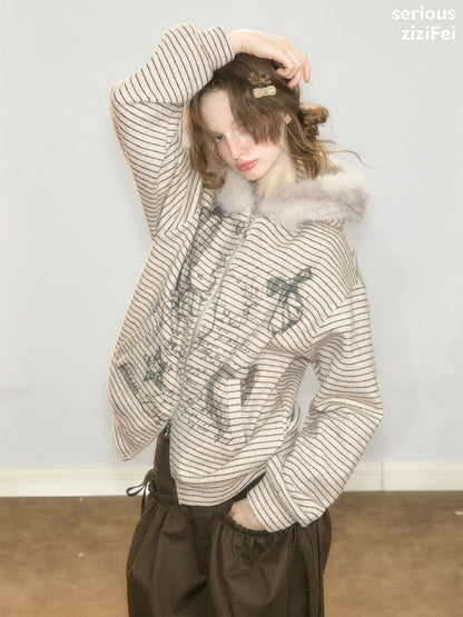 Fur Collar Hooded Striped Graffiti Zipper Khaki Sweatshirt【s0000018923】