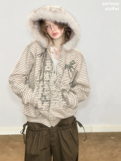 Fur Collar Hooded Striped Graffiti Zipper Khaki Sweatshirt【s0000018923】