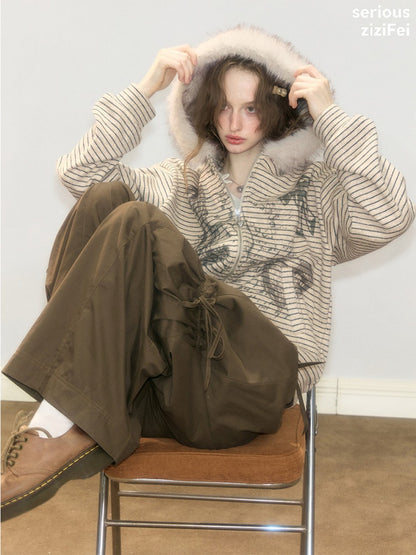 Fur Collar Hooded Striped Graffiti Zipper Khaki Sweatshirt【s0000018923】