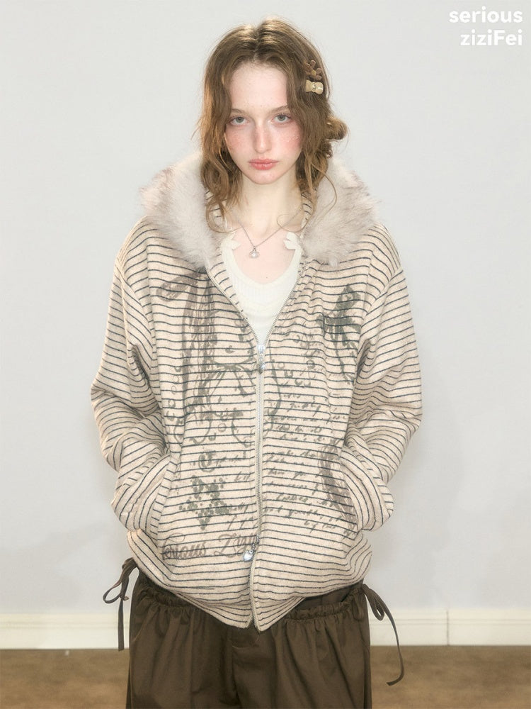 Fur Collar Hooded Striped Graffiti Zipper Khaki Sweatshirt【s0000018923】