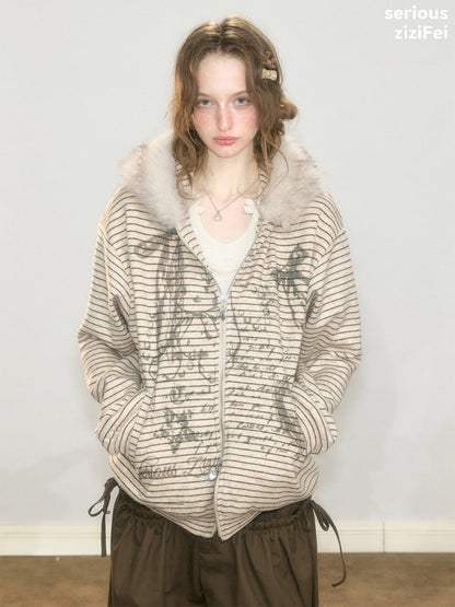 Fur Collar Hooded Striped Graffiti Zipper Khaki Sweatshirt【s0000018923】