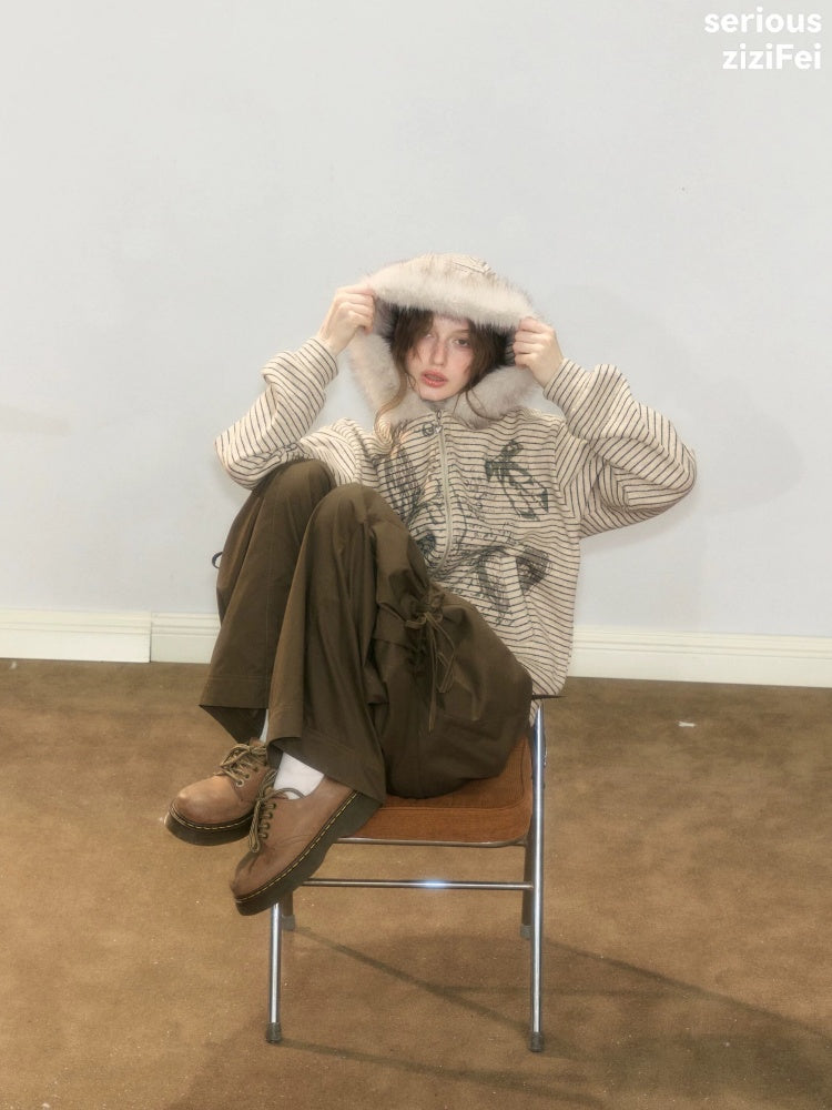 Fur Collar Hooded Striped Graffiti Zipper Khaki Sweatshirt【s0000018923】