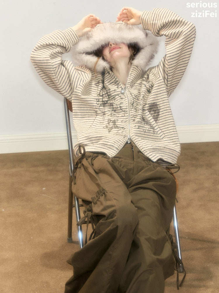 Fur Collar Hooded Striped Graffiti Zipper Khaki Sweatshirt【s0000018923】