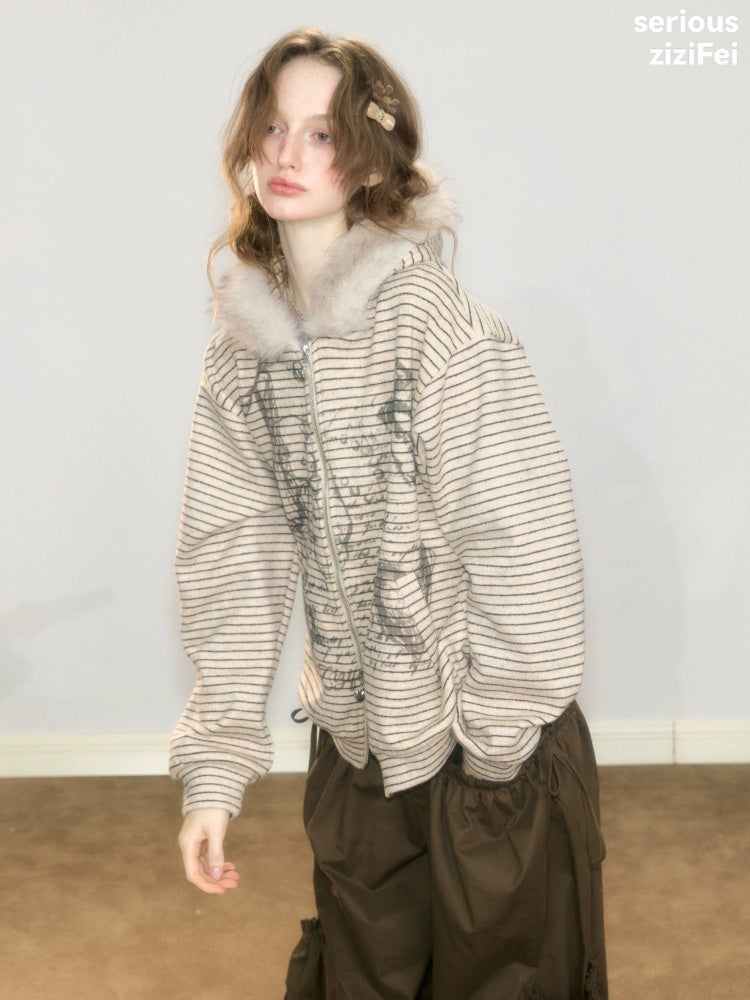 Fur Collar Hooded Striped Graffiti Zipper Khaki Sweatshirt【s0000018923】