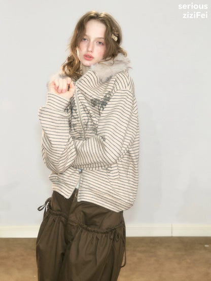 Fur Collar Hooded Striped Graffiti Zipper Khaki Sweatshirt【s0000018923】