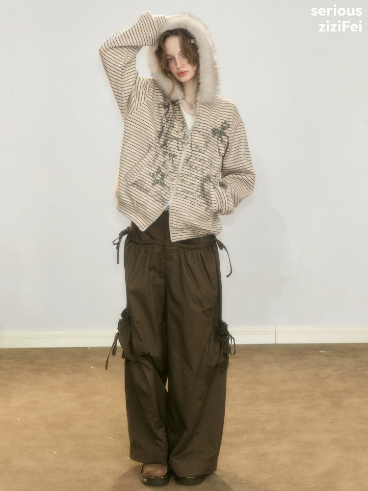 Fur Collar Hooded Striped Graffiti Zipper Khaki Sweatshirt【s0000018923】