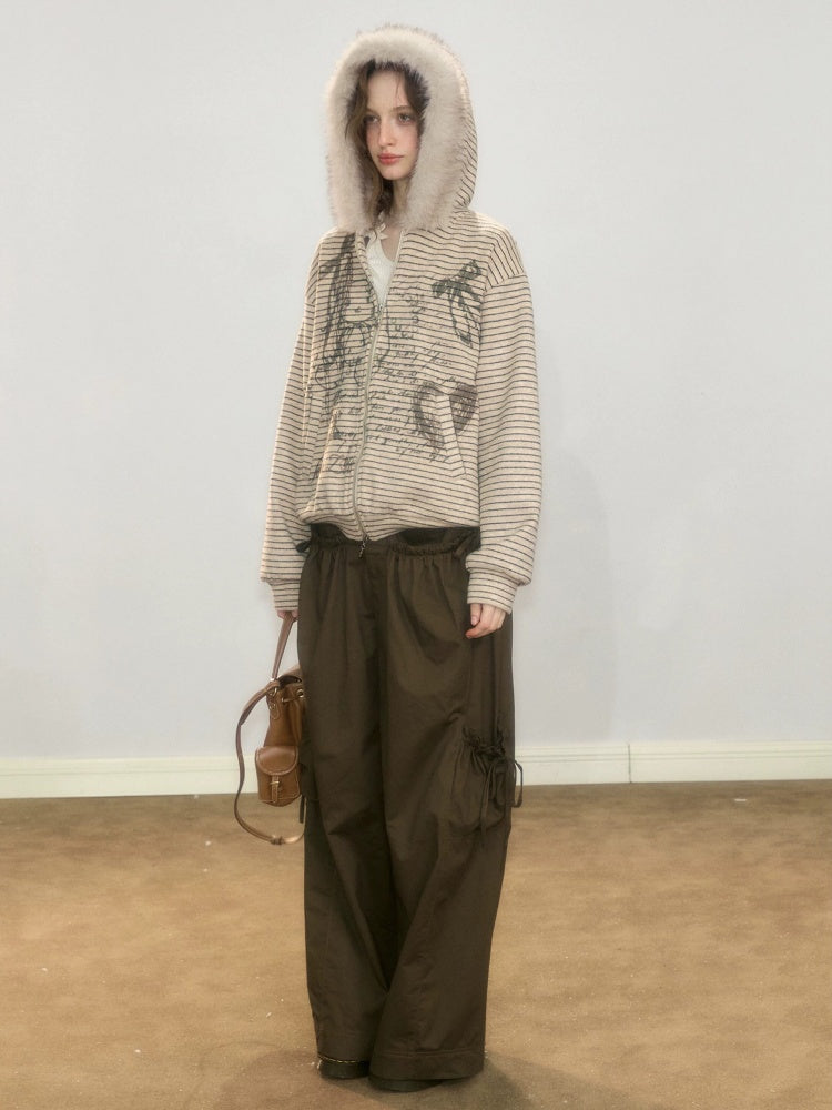Fur Collar Hooded Striped Graffiti Zipper Khaki Sweatshirt【s0000018923】