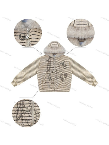 Fur Collar Hooded Striped Graffiti Zipper Khaki Sweatshirt【s0000018923】