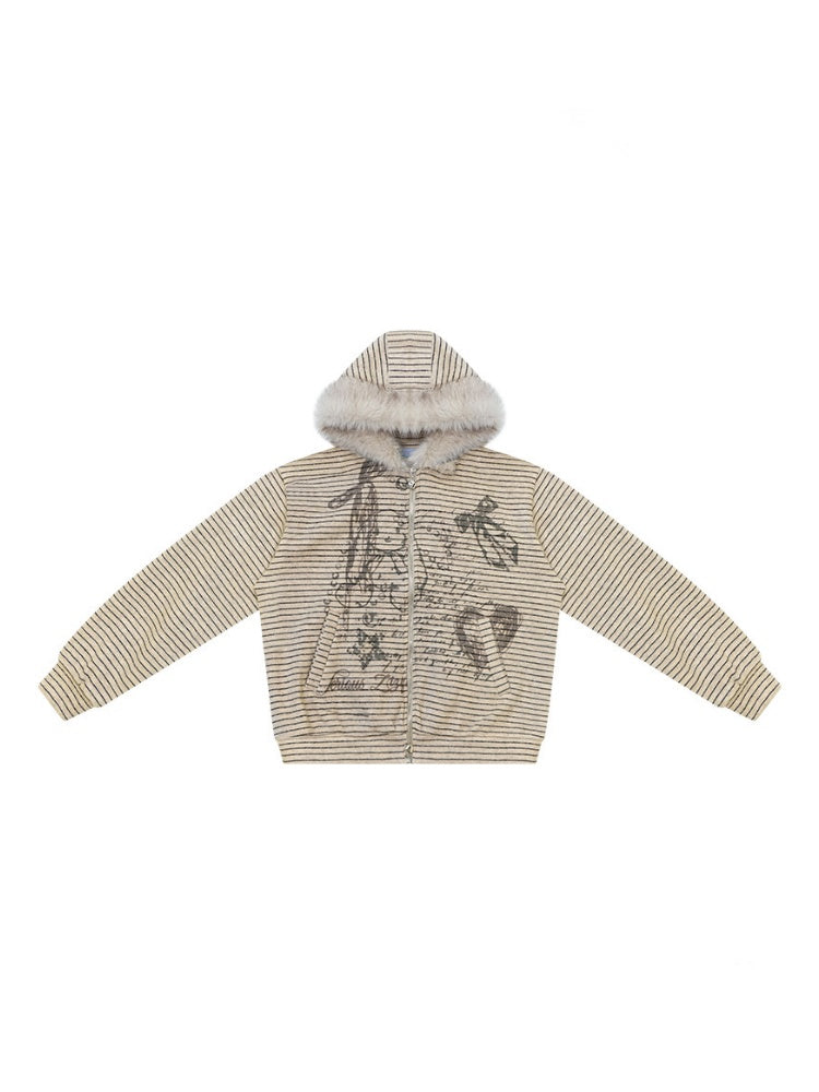 Fur Collar Hooded Striped Graffiti Zipper Khaki Sweatshirt【s0000018923】