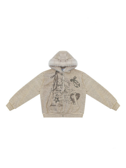 Fur Collar Hooded Striped Graffiti Zipper Khaki Sweatshirt【s0000018923】