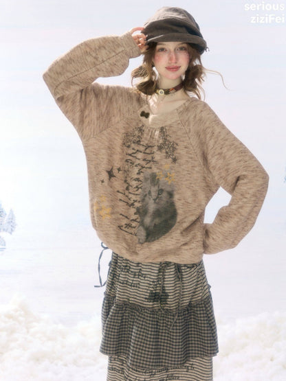 Vintage Distressed Cat Print Khaki Lazy Style Sweatshirt【s0000018924】