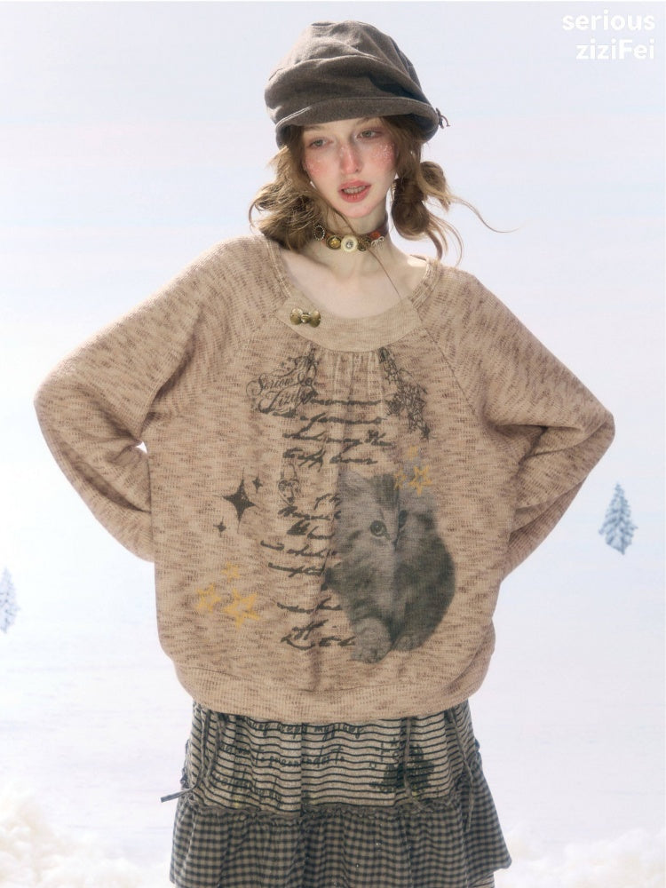 Vintage Distressed Cat Print Khaki Lazy Style Sweatshirt【s0000018924】